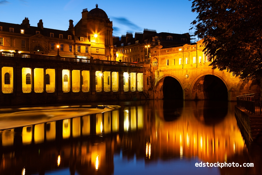 Pulteney Bridge and Grand Parade from SE at Dusk (Bath, England)